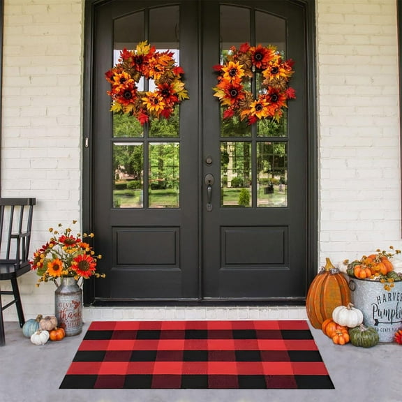 Buffalo Plaid Outdoor Rug Red and Black 16x24 inch Woven Rug Checkered Rug Washable Halloween Front Porch Rug Layered Fall Outdoor Mats for Front Door Autumn Farmhouse Entryway Patio Decor