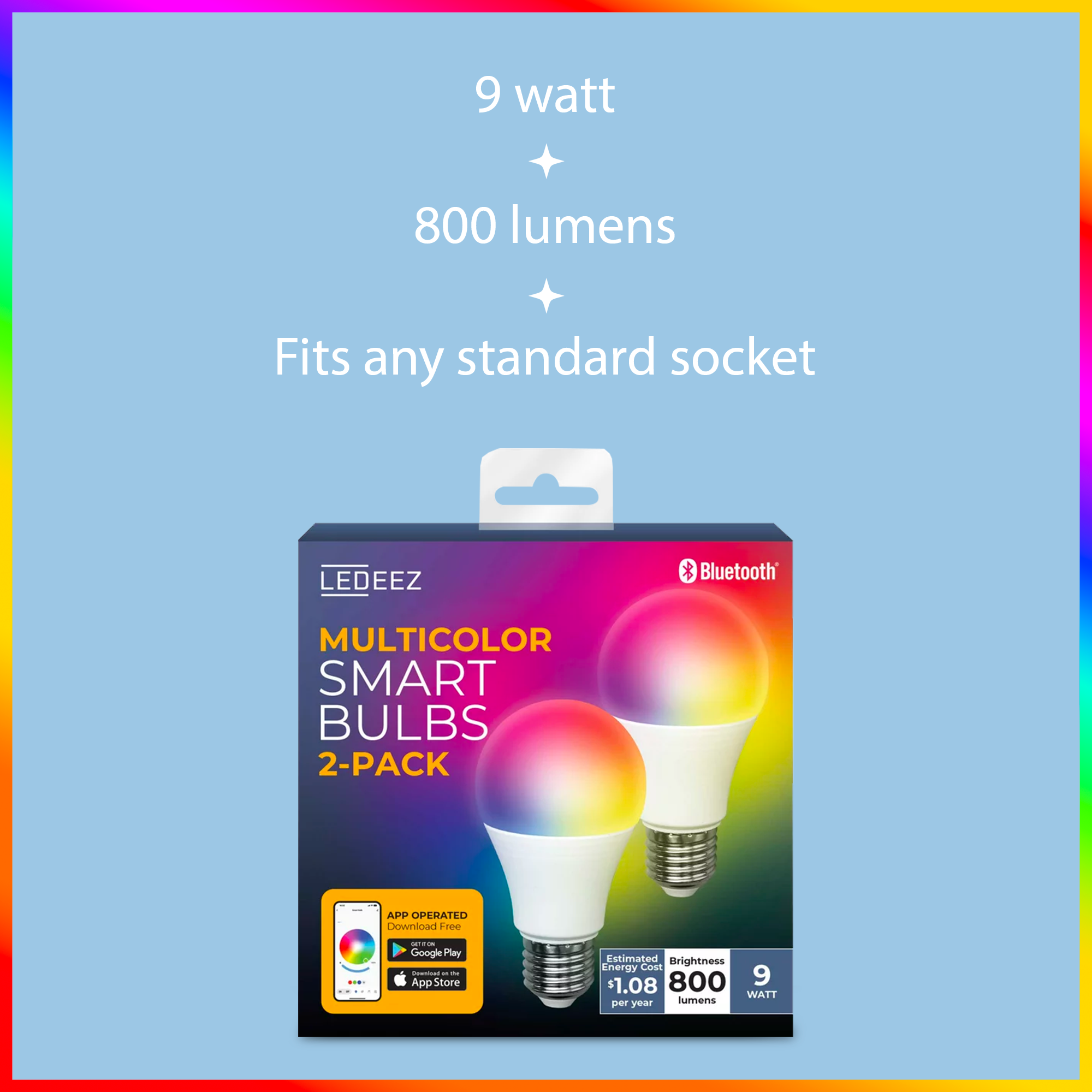 Ledeez 9W Multicolor General Purpose Smart Light Bulbs, Dimmable & App Operated (2 Pack)