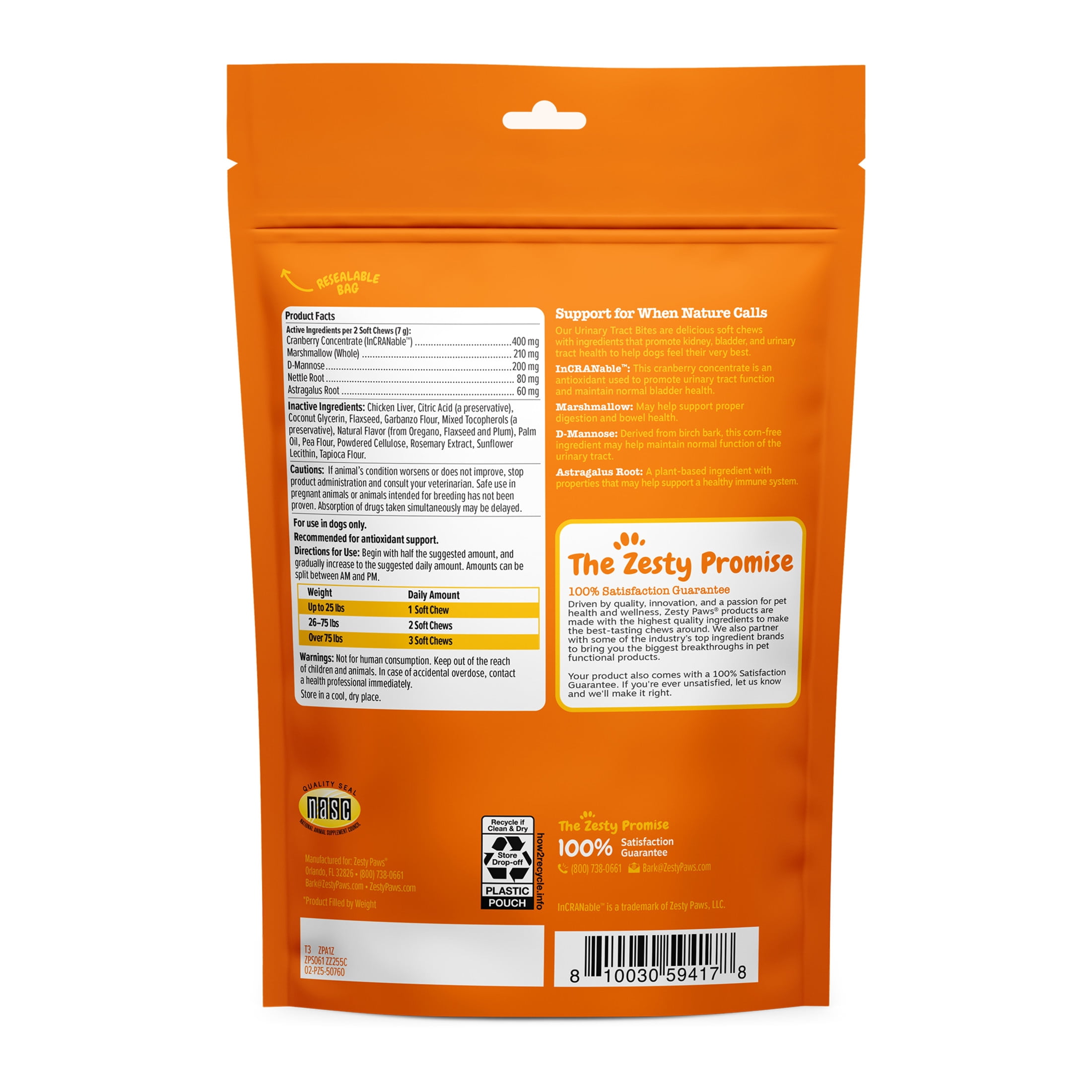Zesty Paws Urinary Tract Bites Chicken Flavor Dog Supplement, 60 Count