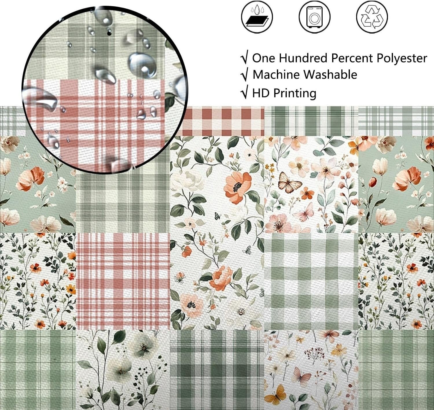 Cute Plaid Floral Shower Curtain, Boho Sage Green Flower Fabric Shower Curtains for Bathroom, Retro Pink Flower Checkered Patchwork Bath Curtain Set Washable Waterproof with 12Hooks 72X72IN