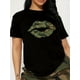 thumbnail image 1 of Women's Camo Lip Print T-shirt | Short sleeve crew neck casual top | Machine washable | Spring/Summer | Fashion graphic, 1 of 6
