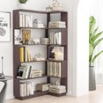 thumbnail image 2 of Leumius 5 Tier Freestanding Bookshelf,Wooden L-Shaped Corner Bookcase with Anti-drop Panel and Anti Tipping Device, Display shelf Open Storage,Ox Blood Red, 2 of 12