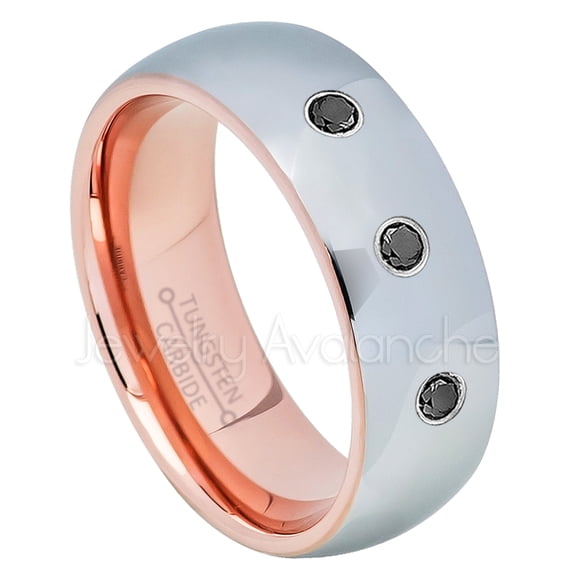 2-Tone Polished Dome Tungsten Ring - 0.21ctw Black Diamond 3-stone Band - Personalized Tungsten Wedding Ring - Custom Made April Birthstone Ring TN740BS