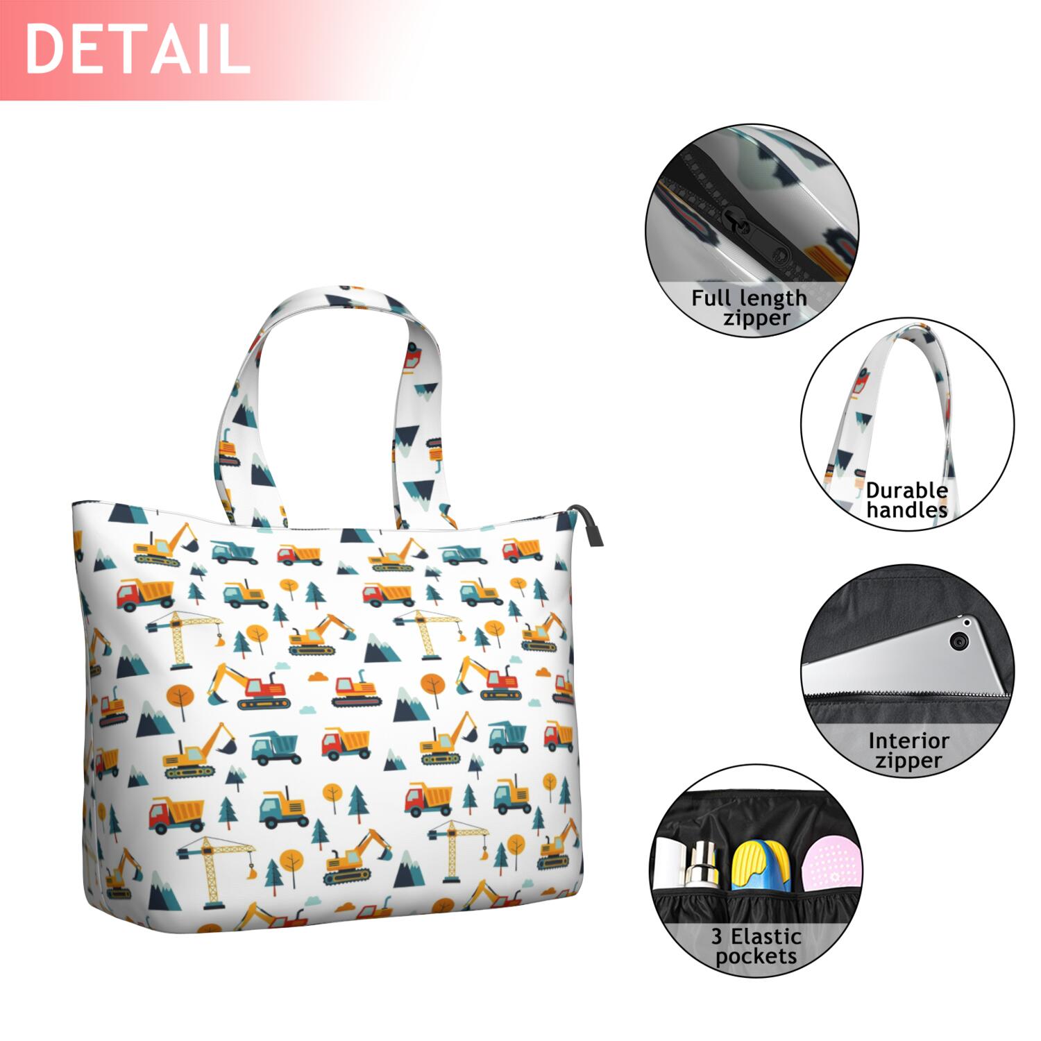 Cartoon Construction Vehicles Mountains Travel Tote Bags for Women Carry On,Large Weekender Bags for Women Travel,Multi Functional Duffle Bag for Work,Shopping,Sports