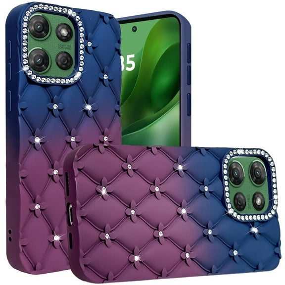 For Motorola Moto G 5G 2025 XT2513V Floral Joy Glitter Leather Feel Cover Cell Phone Case - Blue Burgundy