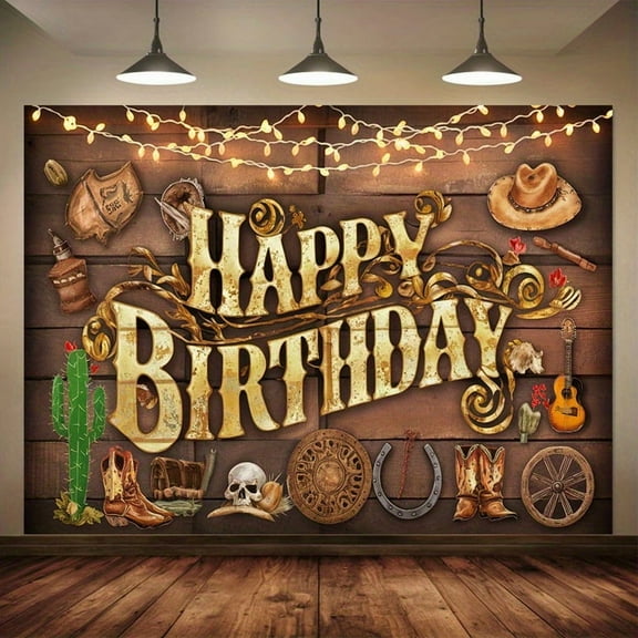Western Cowboy Happy Birthday Backdrop Rustic Rodeo Boots Hat Wooden Floor Birthday Photography Background Wild West Cowboy Baby Shower Party Decorations Banner Supplies Photo Booth Props