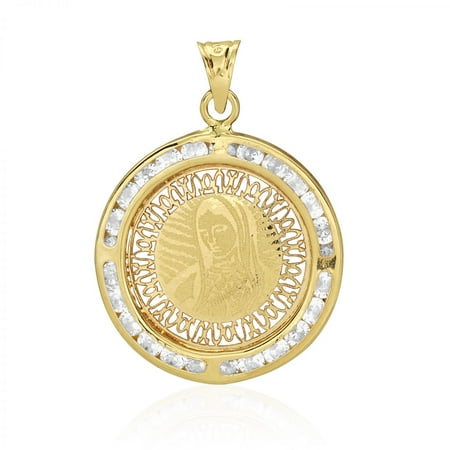 - 10k Yellow Gold Simulated Diamond Virgin Mary Laser Engraved Medallion Pendant