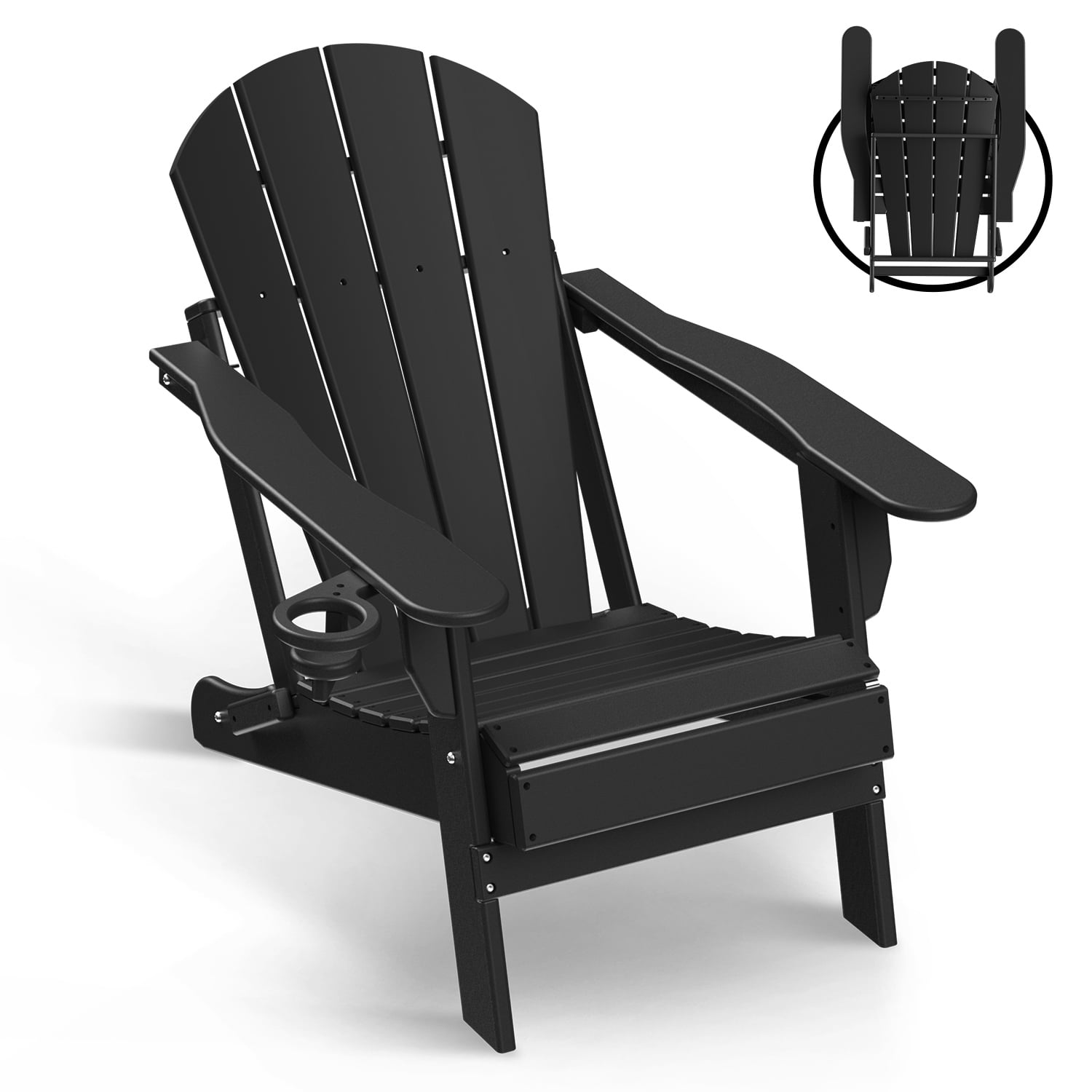Folding Adirondack Chair HDPE Weather Resistant Patio Chairs w/Cup