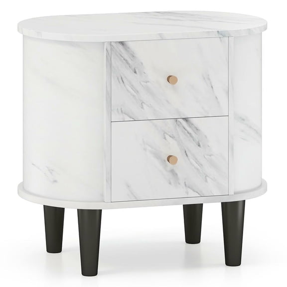 GVN Modern Faux Marble Nightstand with 2 Drawers, Bedside Table with Storage for Living Room, Bedroom, White