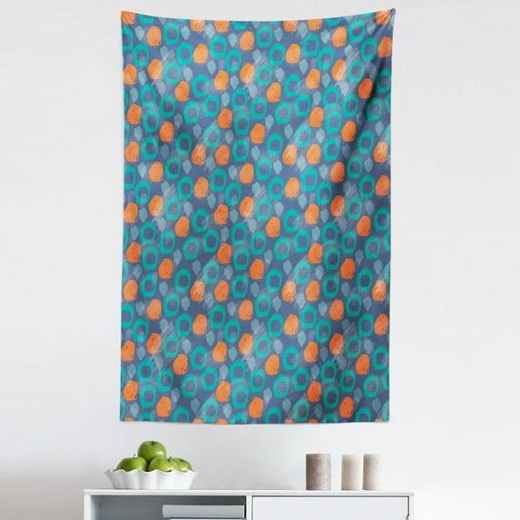 Geometric Tapestry, Orange and Turquoise Toned Rounds Circles Grunge Brushstroke Pattern, Fabric Wall Hanging Decor for Bedroom Living Room Dorm, 5 Sizes, Slate Blue Multicolor, by Ambesonne