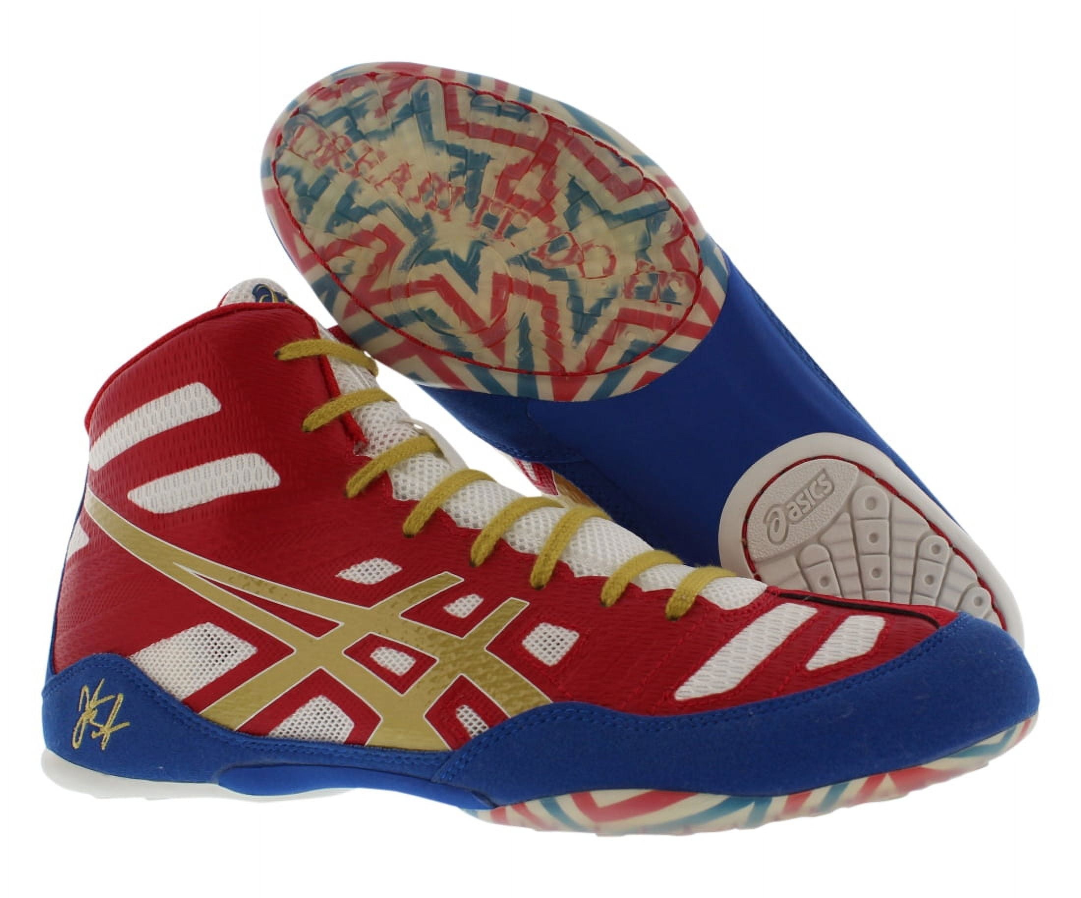 Asics red white hot sale and blue wrestling shoes