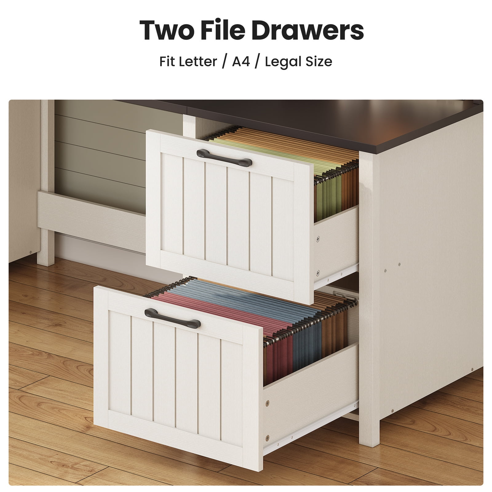 Executive Desk, 63" Farmhouse Desk with Storage, Home Office Desk with Drawers and Cabinet, Wood Desk with Monitor Stand, Rustic Writing Desk Study Table Elegant Computer Desk with File Drawer, White