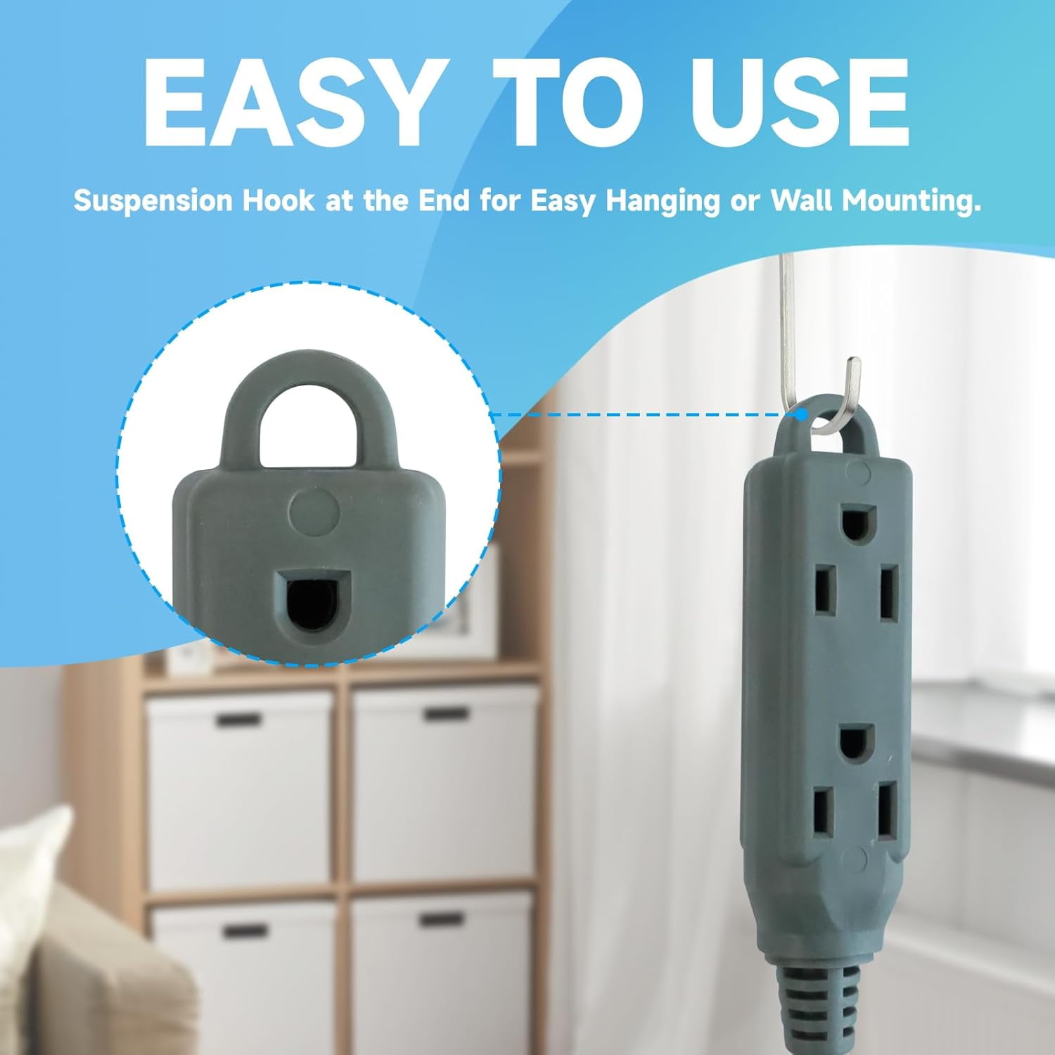 10 Ft Flat Plug Extension Cord，16/3 SJT Indoor Low Profile 3 Outlets Extension Cable with 45° Angled Flat Plug, Multiple Outlets Extension Cord, Grey