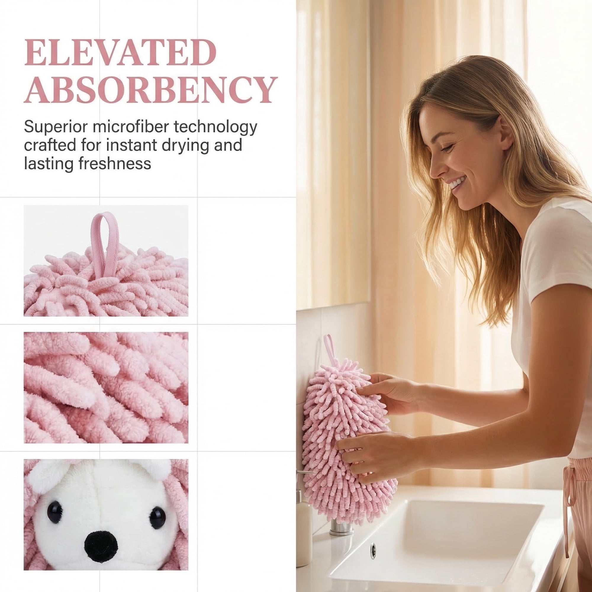 Unique Bargains Animal Chenille Hanging Absorbent Soft Hand Towel Pink/Rose Red 10" x 6"