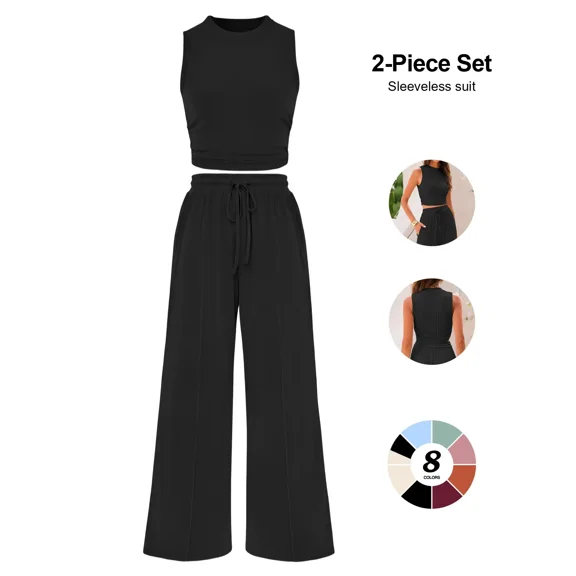 Womens Ribbed Knit Two Piece Lounge Set Sleeveless Crew Neck Crop Top and Wide Leg Pants Matching Outfit