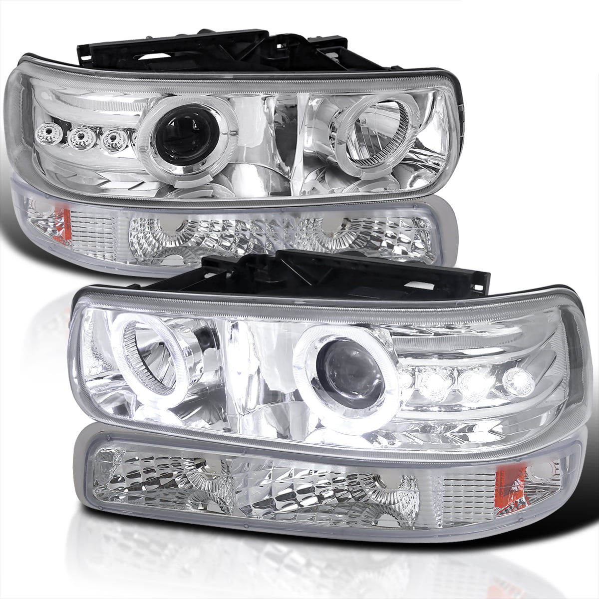 4Pcs Clear Chrome Housing Headlight Assembly Bumper Head Lamp Compatible with Chevy Silverado 1999-2002 Compatible with Chevrolet Tahoe /Chevrolet Suburban 