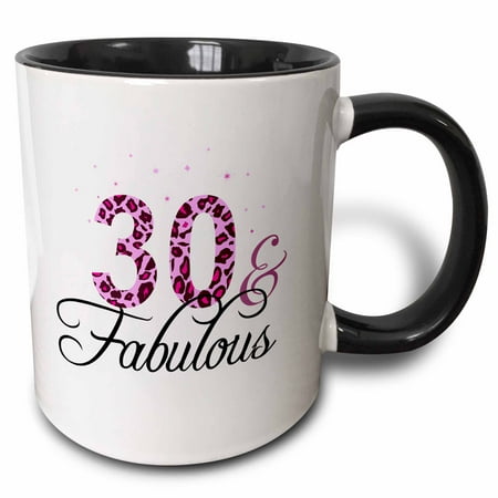 Girlfriend Bday Gifts 3dRose 30 and Fabulous - fun girly birthday gift - black and hot pink leopard print pattern bday diva text - Two Tone Black Mug, 11-ounce ()