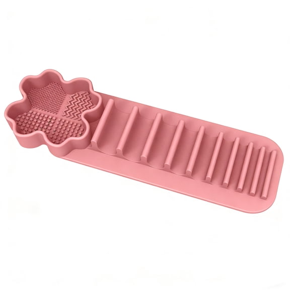 Pink Silicone Makeup Brush Holder and Drying Rack, Wall Mounted Multifunctional Organizer with Suction Cups, 2 in 1 Brush Cleaner and Dryer Stand for Bathroom Vanity Counter