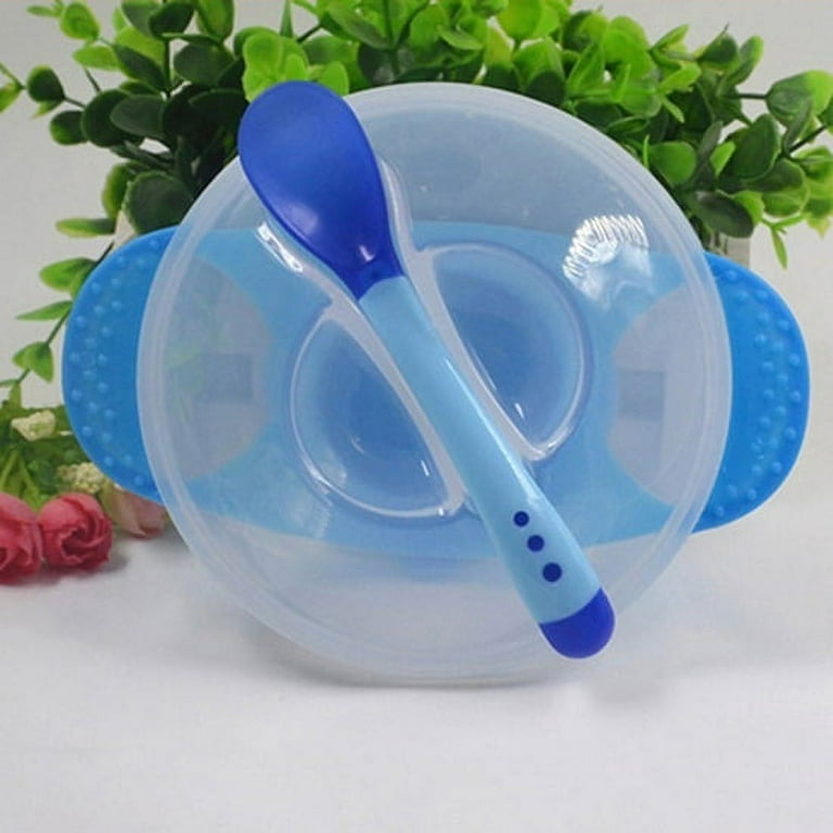 Baby Kids Feeding Suction Bowl Temperature Sensing Spoon Child Tableware Set, Yellow