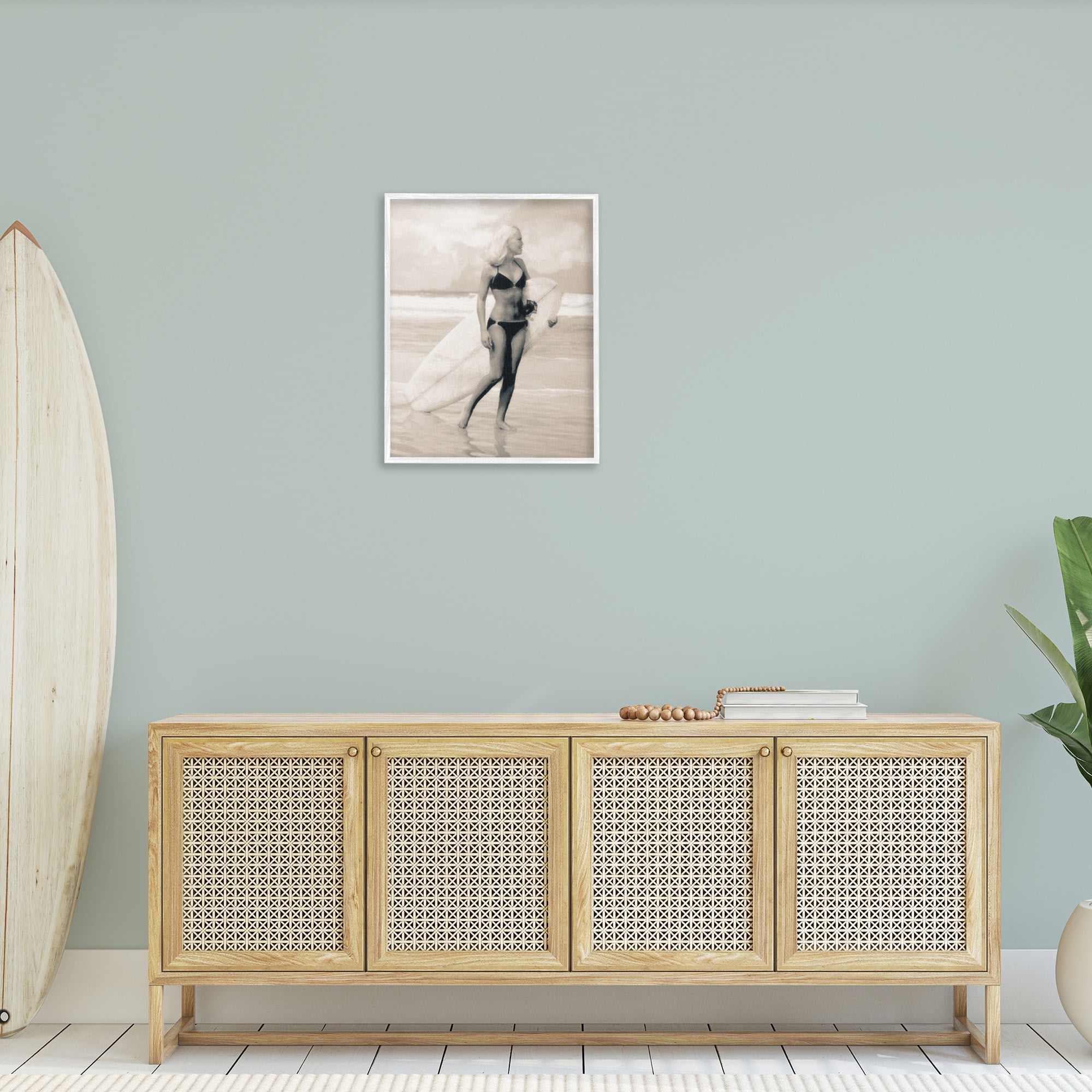 Stupell Industries Surfing Woman on Shore Sports Painting White Framed Art Print Wall Art, 24 x 30