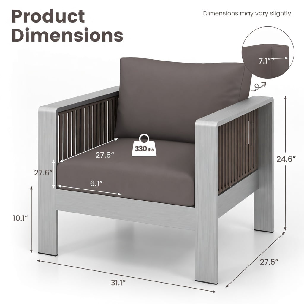 Hommoo Modern Aluminum Outdoor Armchair with Thick Removable Cushions Patio Chair, Rustproof Frame, Gray