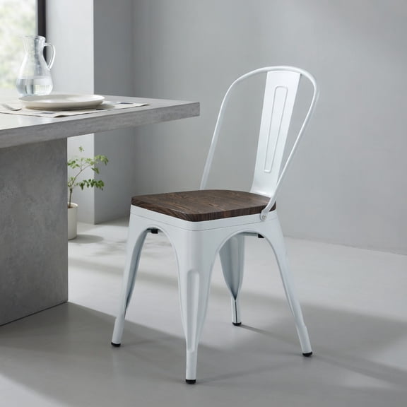 Barara King Set of 4 Stackable Dining Chairs with Metal Structure, Wooden Seat and Detachable High Back for Commercial Kitchen, Event and Multi-Purpose Seating, White