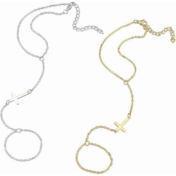 2Pcs 2 Colors Silver Golden Finger Ring Bracelets Chain Link Hand Jewelry Rings Vintage Boho Tassel Stainless Steel Bracelet for Women Sumeer Beach Party Decoration Accessories Gifts