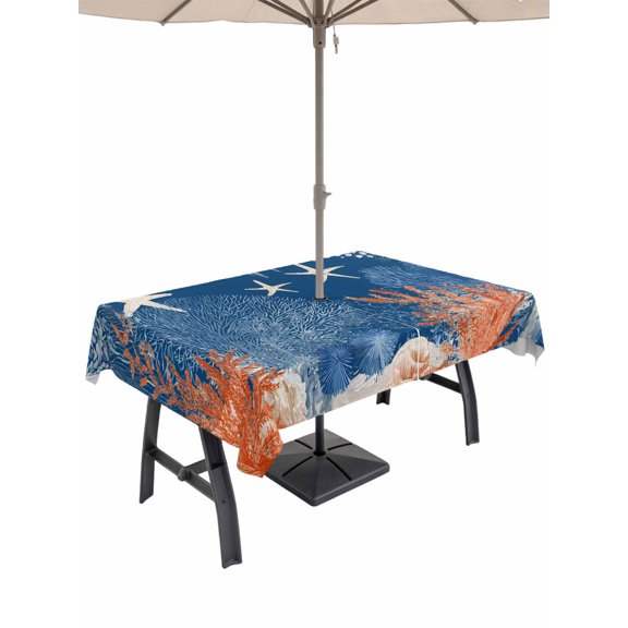 Outdoor Tablecloth with Umbrella Hole for Patio/Picnic/Party/Camping, Orange Navy Blue Coral Waterproof Table Cloth Rectangle Table Cover Washable, Summer Beach Coastal Ocean Starfish (54"x 80")