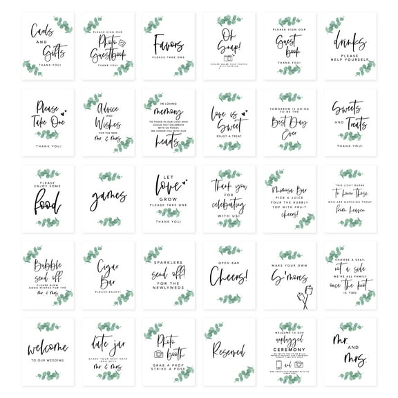 Koyal Wholesale Eucalyptus Wedding Signs Bundle Set for Ceremony, Reception Decor Signage, 8.5 x 11", 30-Pack