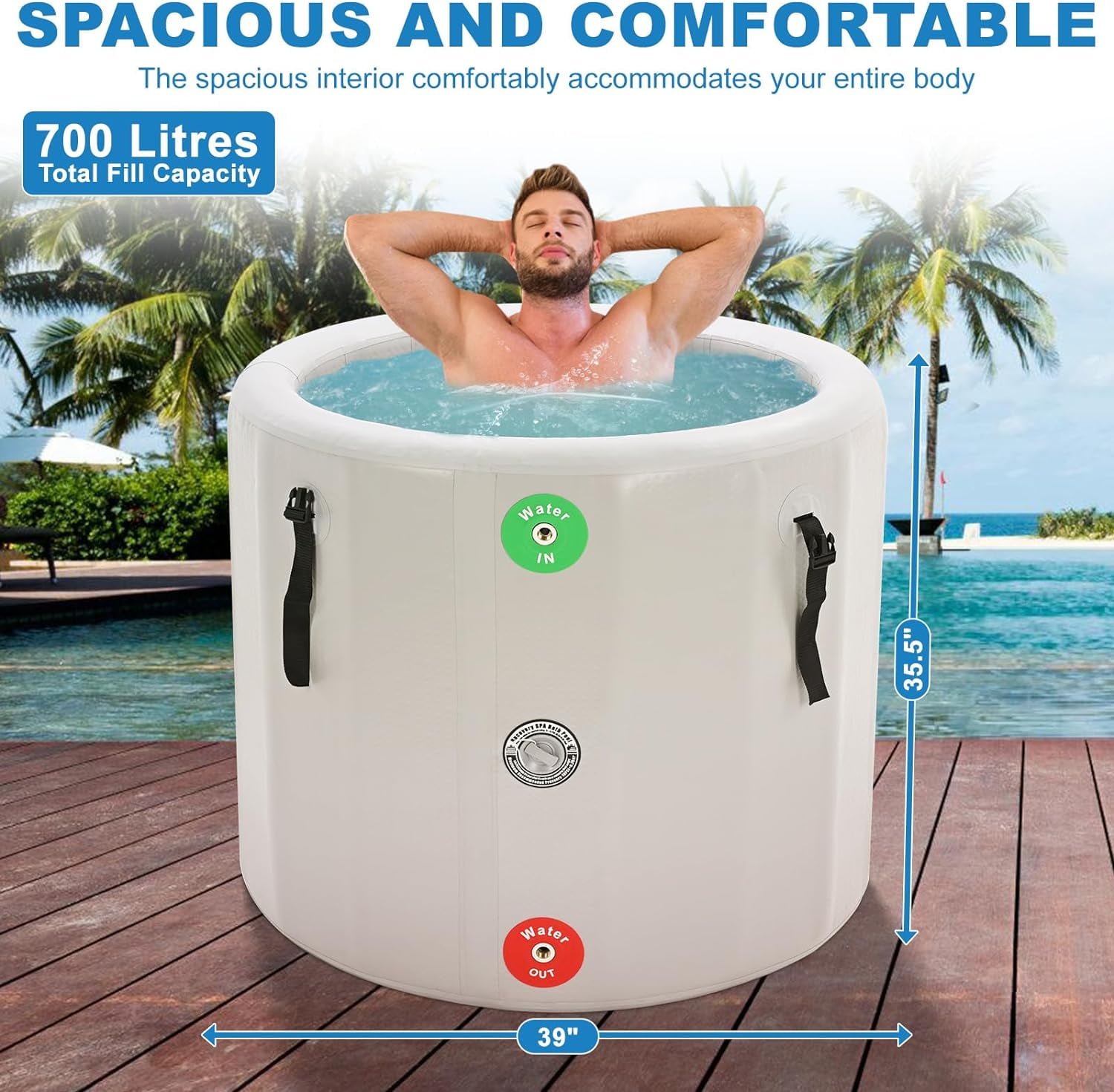 Lilypelle Inflatable Oval Ice Bath Cold Plunge Tub, Durable Freestanding 39"(D) x 35.5"(H) Soaking Tub, PVC Insulated Lid, Hand Pump and Repair Kit Included, Anti-Slid Bottom
