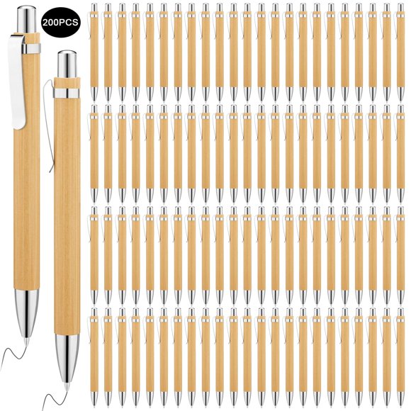 SATINIOR 200 Pcs Stylos à Bille en Bambou, Stylo à Bille Rétractable en Bois, Encre Noire, Stylo 1mm, Durable, Élégant, Pratique, Largement Applicable