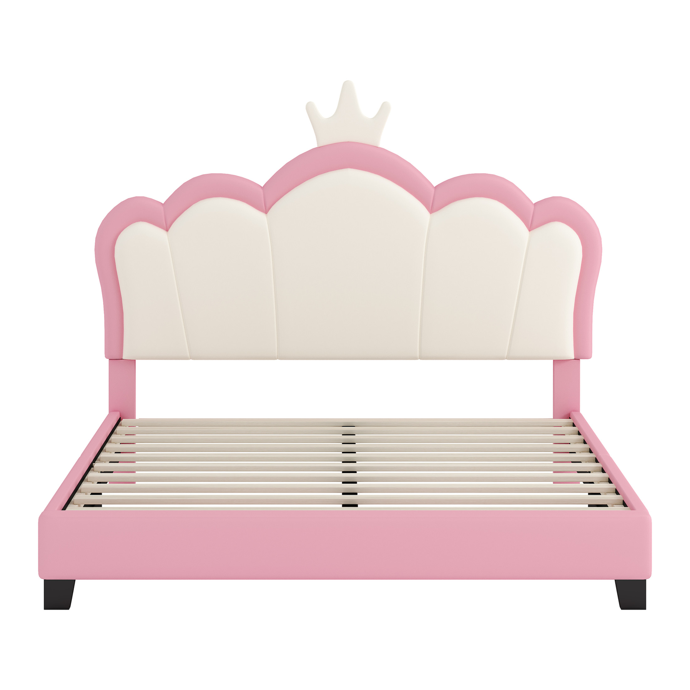 Noble House Full Size Upholstered Princess Bed with Crown Headboard, Fairy-Tale Platform Bed, Cream + Pink