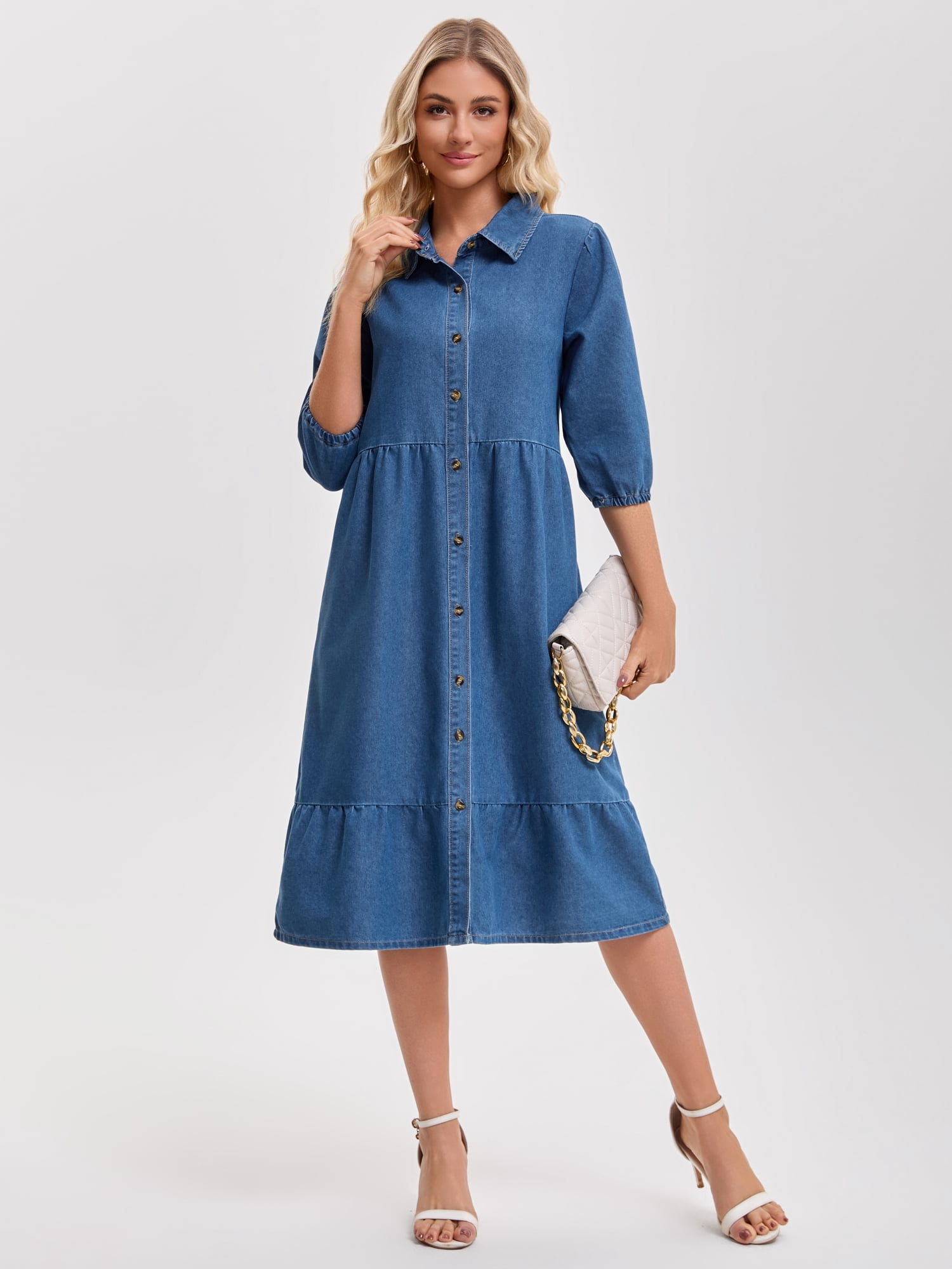 DARING DIVA Women's 3/4 Sleeve Button Down Collar Swing Tiered Dress XL Blue