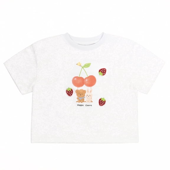 NIPAXO Girls Graphic T-Shirt Cute Cherry Bear Short Sleeve Crewneck Cotton Tee, Casual Summer Top for Girls 4-5Y (White