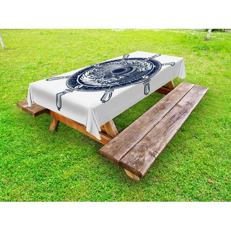 Celtic Cloths - Adventure Outdoor Tablecloth, Sea Compass and Storm Tattoo Design in Celtic Style Tsunami Waves and Wheel, Decorative Washable Fabric Picnic Table Cloth, 58 X 84 Inches,Dark Blue White, by Ambesonne