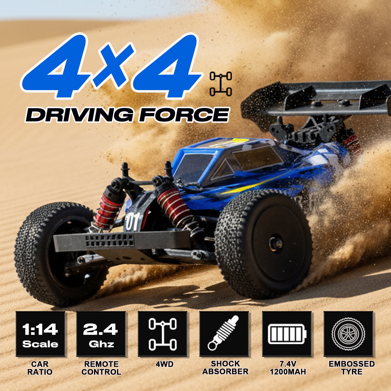 1:14 4WD RC Monster Truck, 35KM/H High Speed, Dual Batteries, Full Proportional Control, 7 LED Lights, All Terrain RC Car