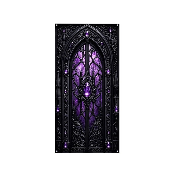 Qiulaii Halloween Hanging Door Curtain Perforated Background Banner Fabric Tapestry Indoor Outdoor Spooky Fall Party Photo Booth Backdrop Decor, (Purple)
