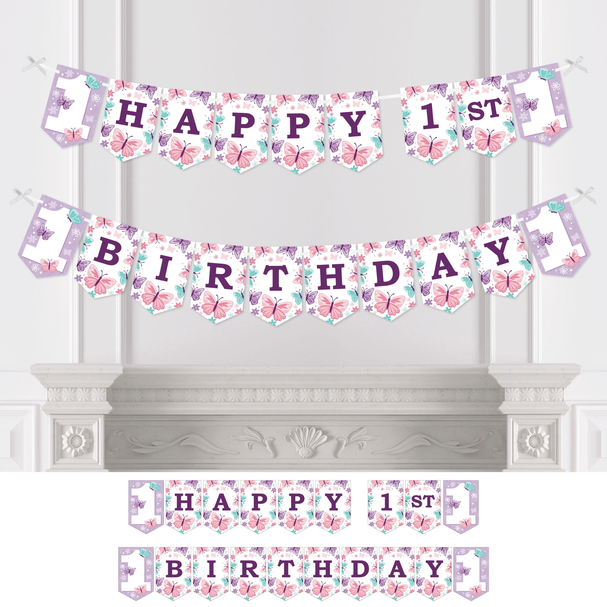 Big Dot of Happiness 1st Birthday Beautiful Butterfly - Floral First Birthday Party Bunting Banner - Party Decorations - Happy 1st Birthday