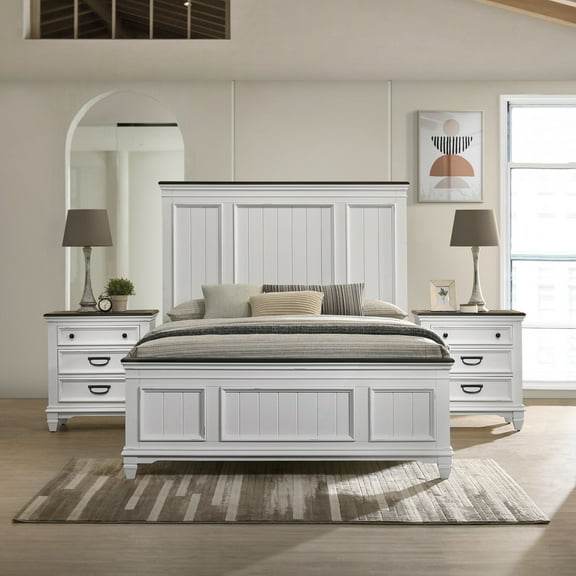 Miekor Furniture Clelane 3-Piece Wood Bedroom Set, Shiplap Panel Queen Bed and 2 Nightstand 45768