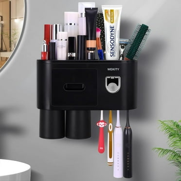 Toothbrush Holder Wall Mounted, 2 Cups Toothbrush Holder with Toothpaste Dispenser, Bathroom Toothbrush Holder Set with Large Capacity Tray 4 Brush Slots and Cosmetic Drawer (1 Toothpaste)