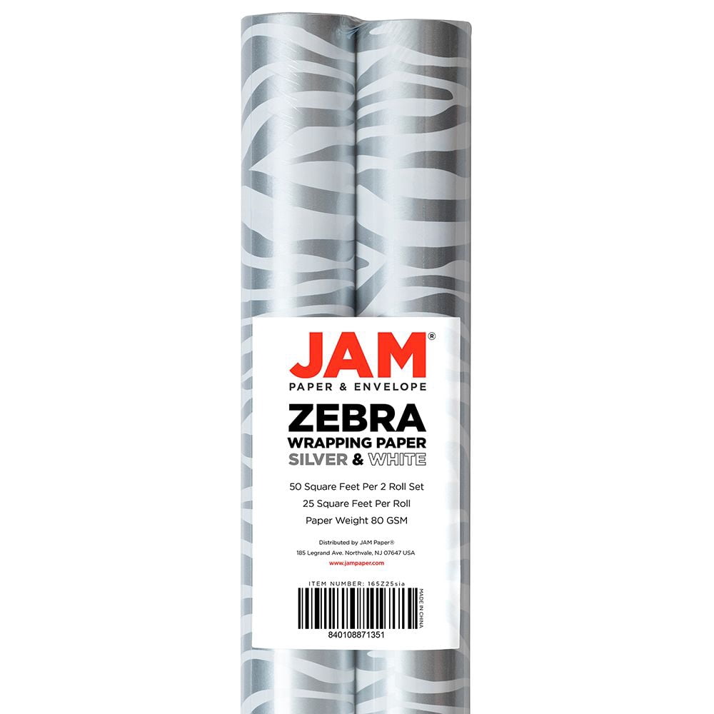 JAM Paper Silver & White Zebra Wrapping Paper, 50 Sq ft. Total, 2 per Pack