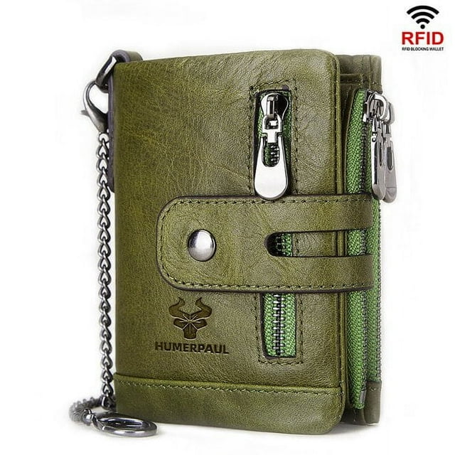 DEFNES Cartera Antirrobo con Cremallera Antirrobo RFID De Cuero Genuino para Hombres con Cadena - Café,Green