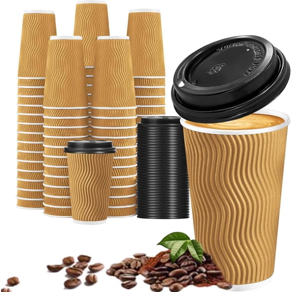 Lamosi Disposable Paper Cups with Lids 16 oz,Insulated to Go Cup,Ripple Double Wall,Brown 100 Count