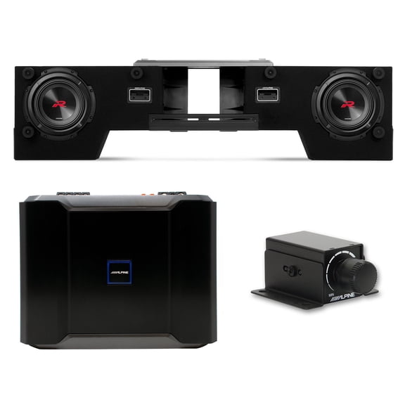 Alpine R2-DB8V-TRK Dual 8" Halo R-Series Preloaded Truck Subwoofer Enclosure with Alpine R-A75M R-Series 750 Watt Mono Amp and RUX-KNOB.2 Bass Knob