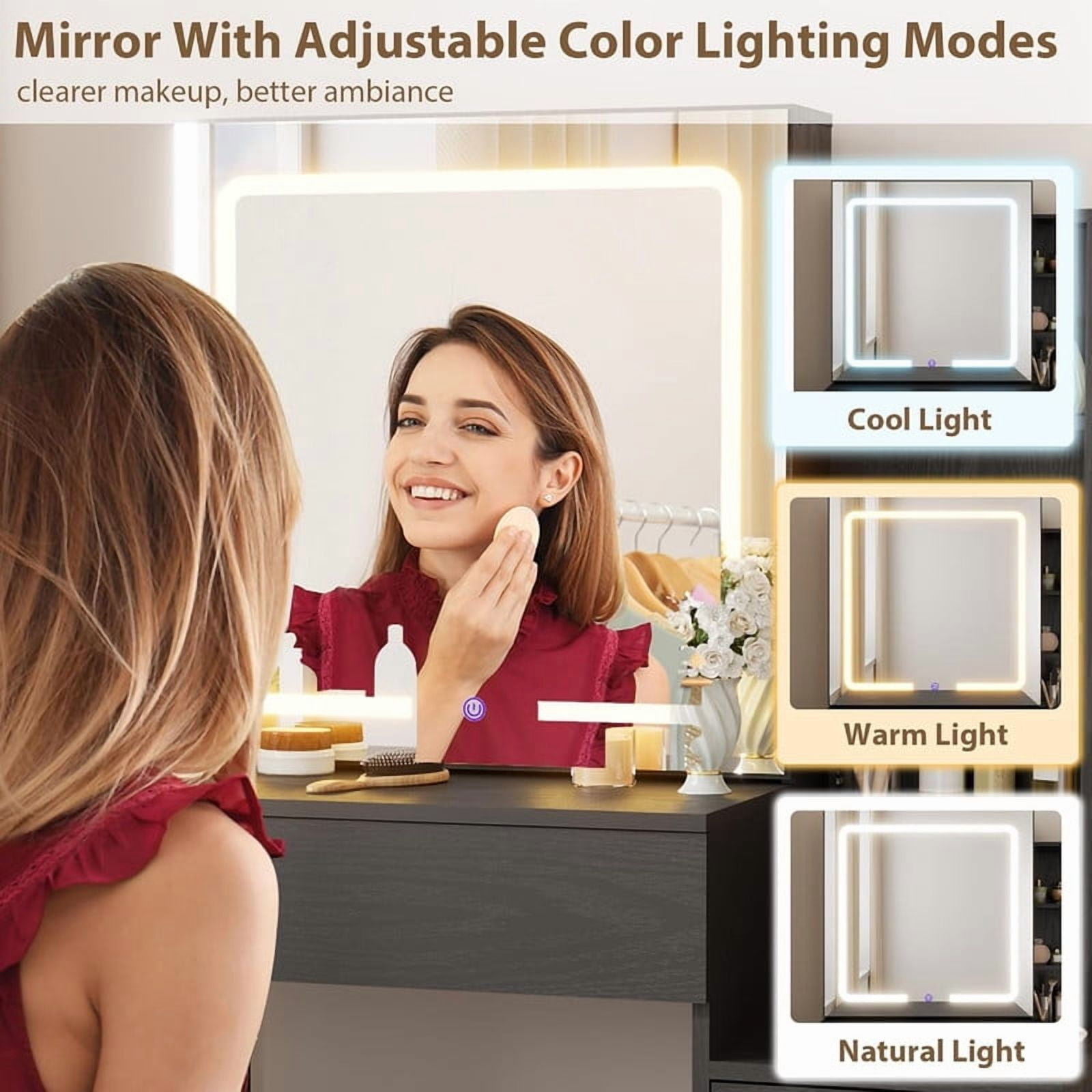 TROPOW Vanity Desk with Mirror and Lights, Makeup Vanity with Drawer & Storage Shelves, Cabinet, 3 Lighting Modes Adjustable Brightness, Power Outlet,Black