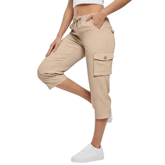 OIOLOYJM Capri Pants for Women with 6 Pockets Lightweight Quick Dry Gym Workout Hiking Summer Cargo Capris Drawstring Elastic Casual Travel 3/4 Pants Khaki M