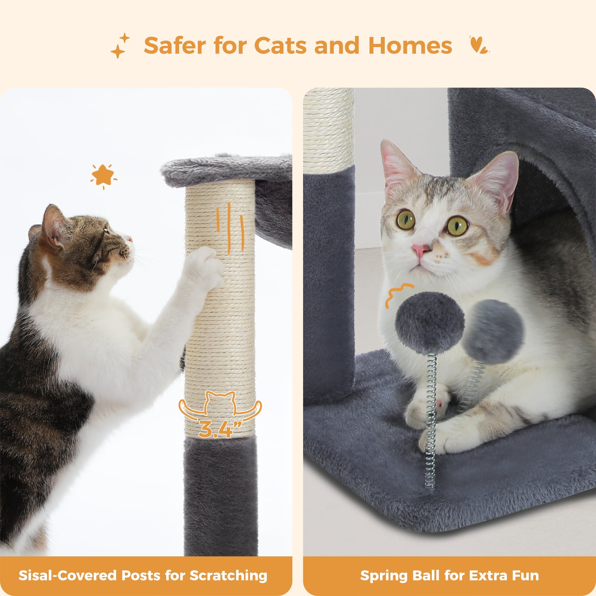 PAWZ Road Cat Tree 29.5" Sisal Cat Scratching Posts Tower Hammock Top Perch for Indoor Cats,Dark Gray
