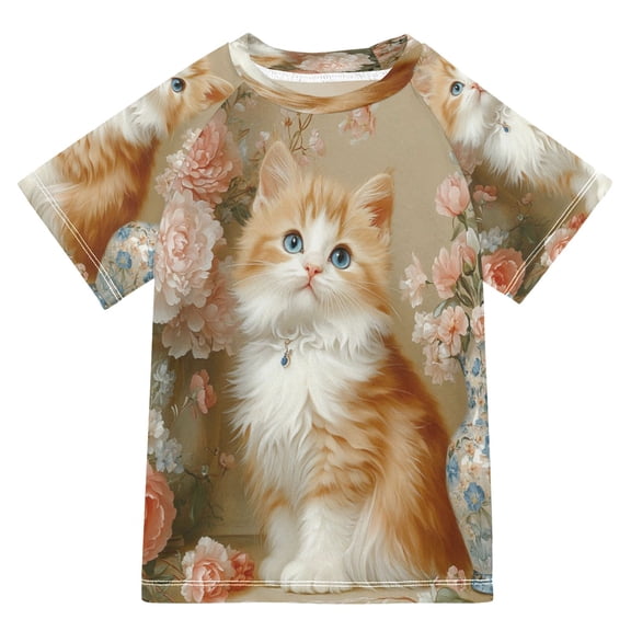 BZSMCE Summer T-shirt Sunscreen Charming Cat in Floral Wonderland Pattern Swim Tops