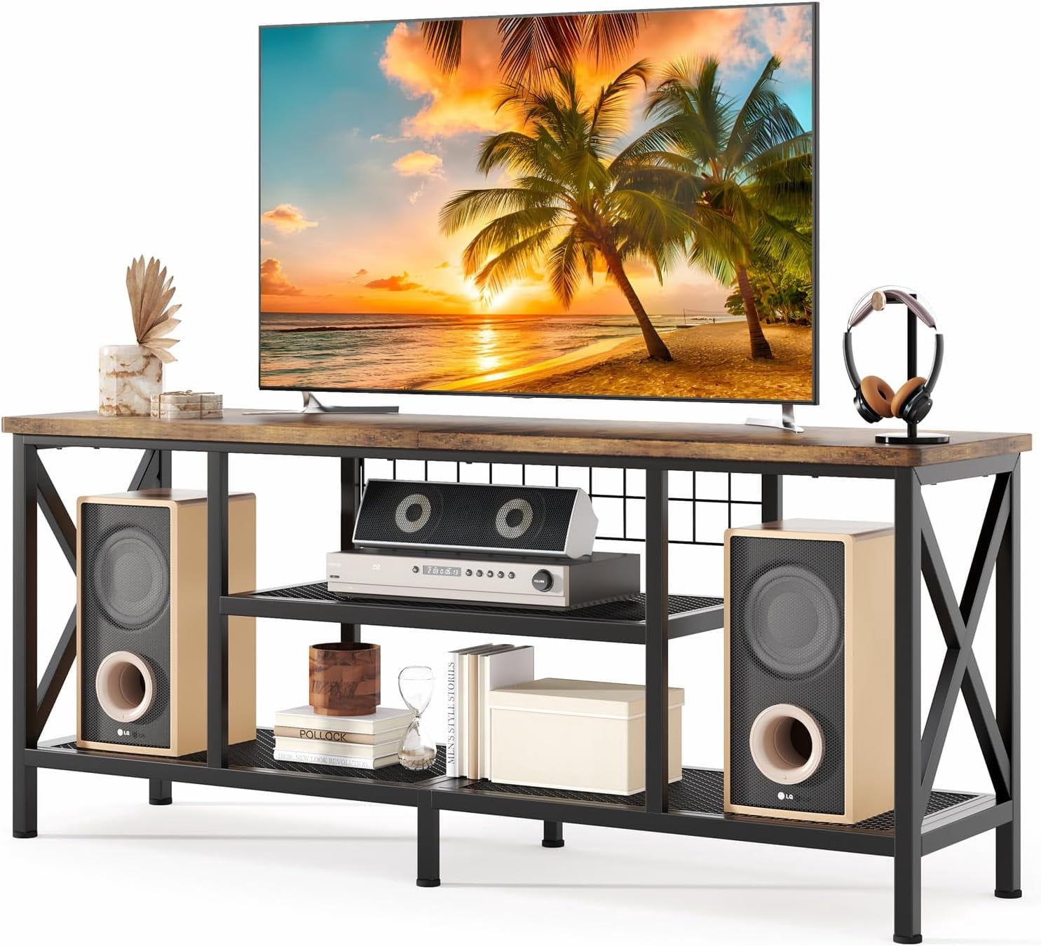 65 Inch TV Stand, 3-Tier Entertainment Center with Open Shelves, Lofka Sofa Table with Metal Frame for Living Room, Bedroom, Office, Rustic Brown(Soporte de TV)