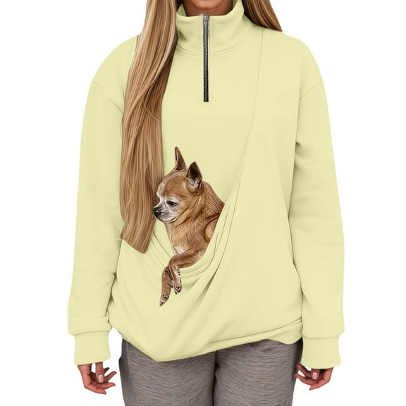 Womens Pet Pouch Quarter Zip Sweatshirt with Cat Bag Oversized Fleece Pullover Top With Pocket Front for Puppy Kitten Cat Holder Carriers Kangaroo Pocket Light Yellow 2XL